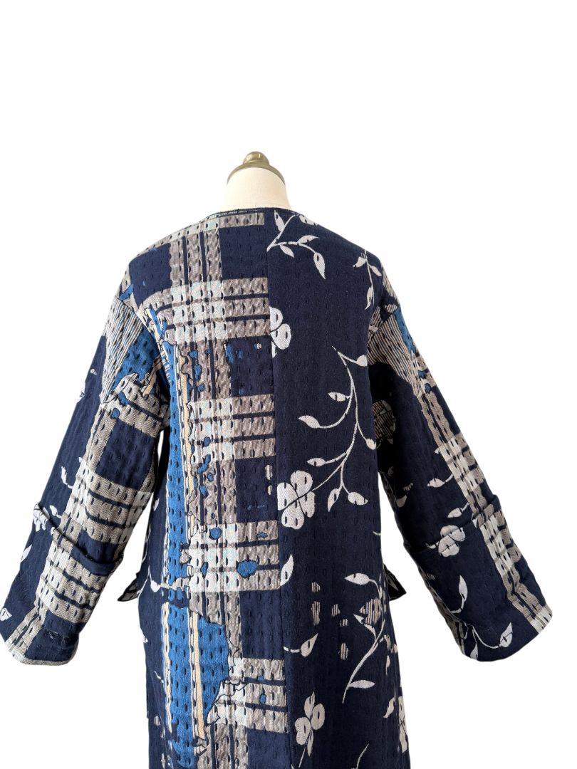 Indigo Boro Style Full-Length Puffer Coat with Chest Ties