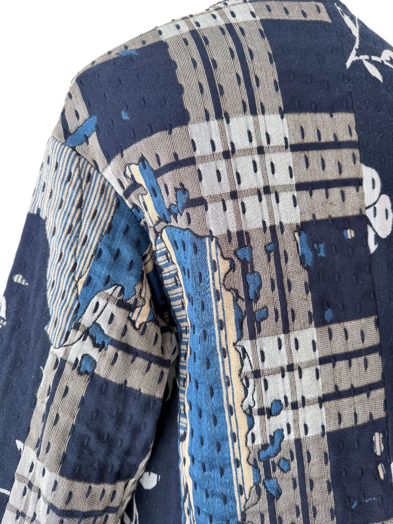 Indigo Boro Style Full-Length Puffer Coat with Chest Ties