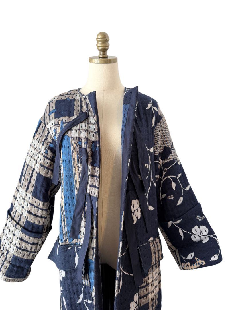 Indigo Boro Style Full-Length Puffer Coat with Chest Ties