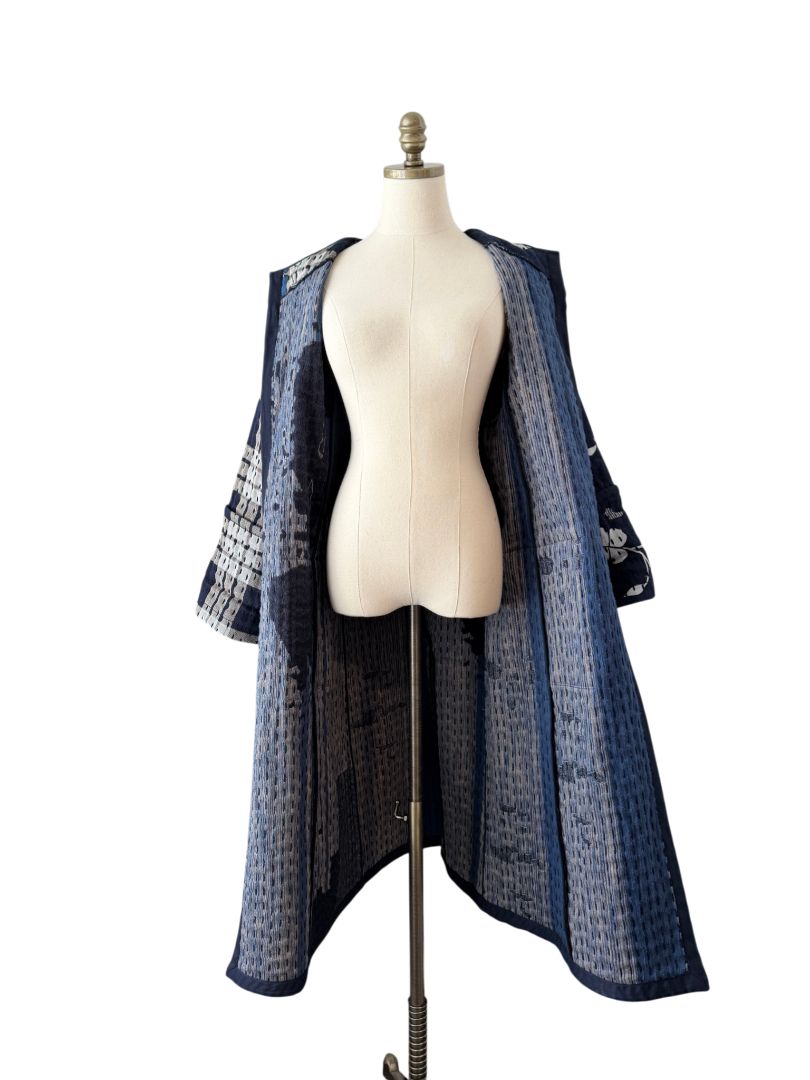 Indigo Boro Style Full-Length Puffer Coat with Chest Ties