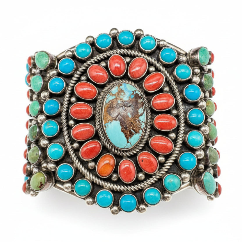 Kathleen Chavez 925 Sterling Turquoise & Coral Navajo Cuff Bracelet