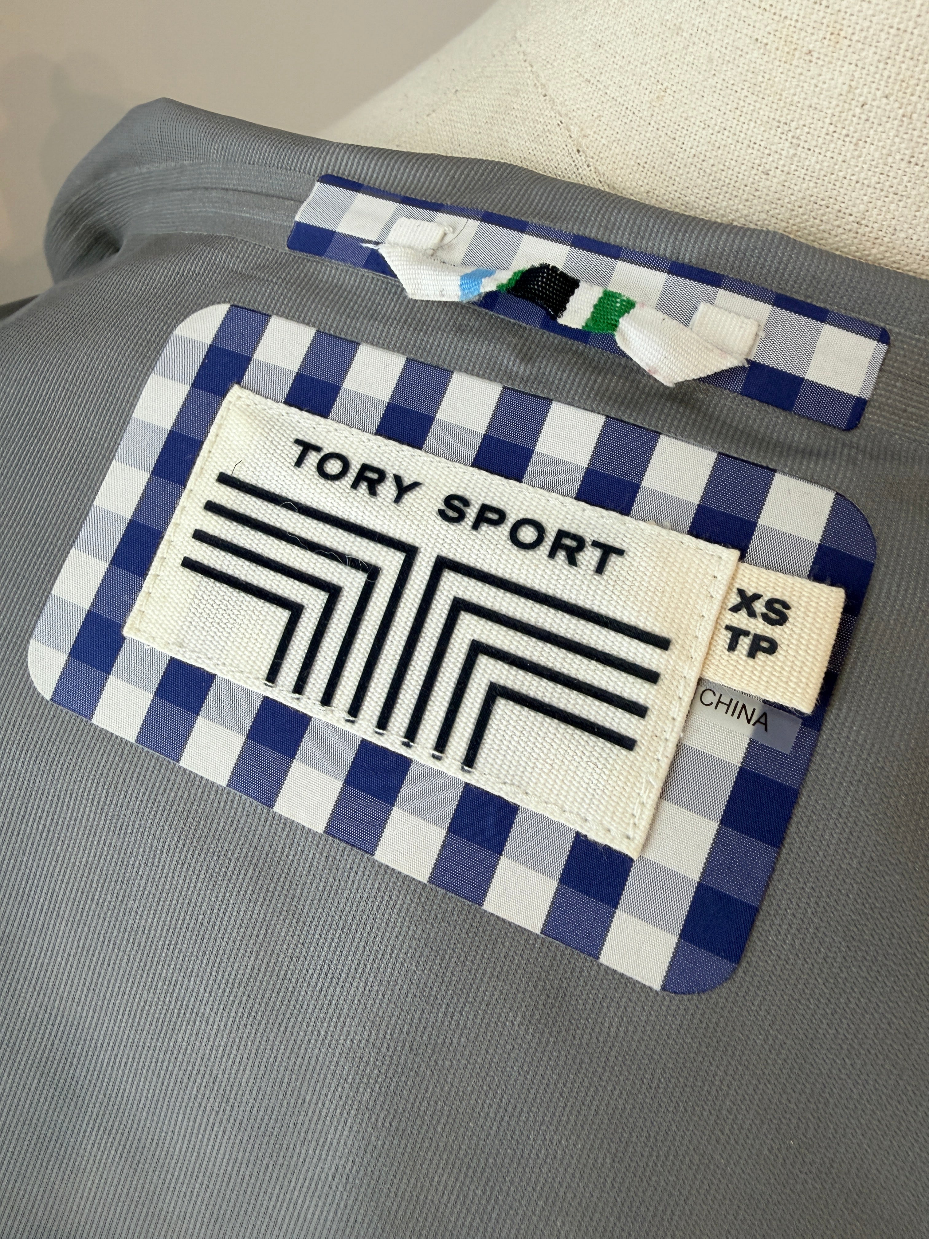 Classic Gingham Hooded Rain Jacket with Sport Stripe by Tory Burch