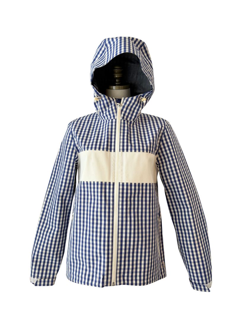 Classic Gingham Hooded Rain Jacket with Sport Stripe by Tory Burch