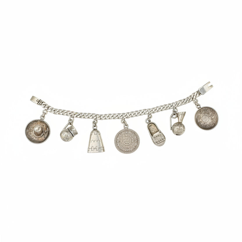 1960s Castelan Mexico 925 Seven-Charm Chain Bracelet