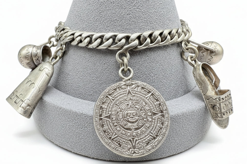 1960s Castelan Mexico 925 Seven-Charm Chain Bracelet