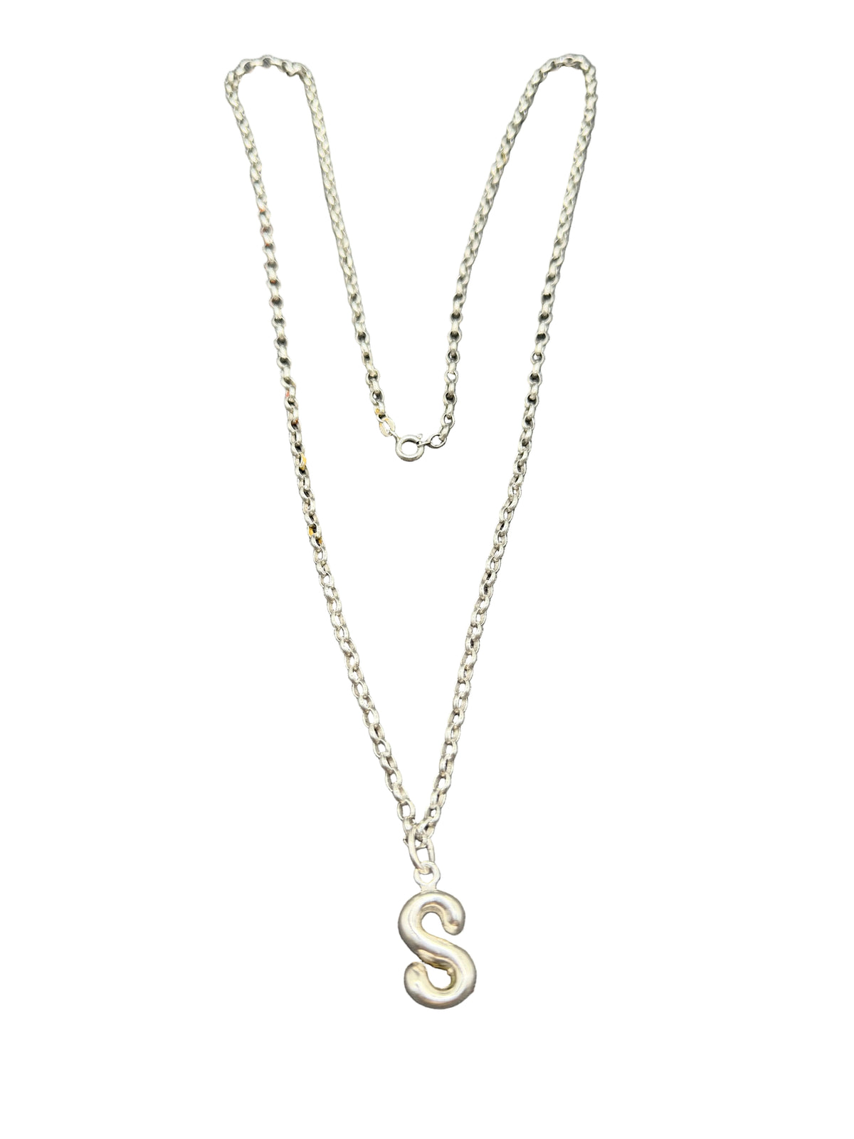 1960s Sterling Silver Rolo Chain Necklace with Sculptural bubble “S” Pendant