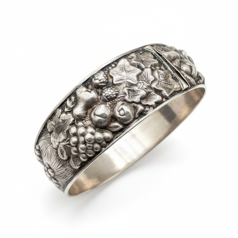 1960s Victorian Revival Silver Repoussé Rose & Wood Bark Hinged Bangle
