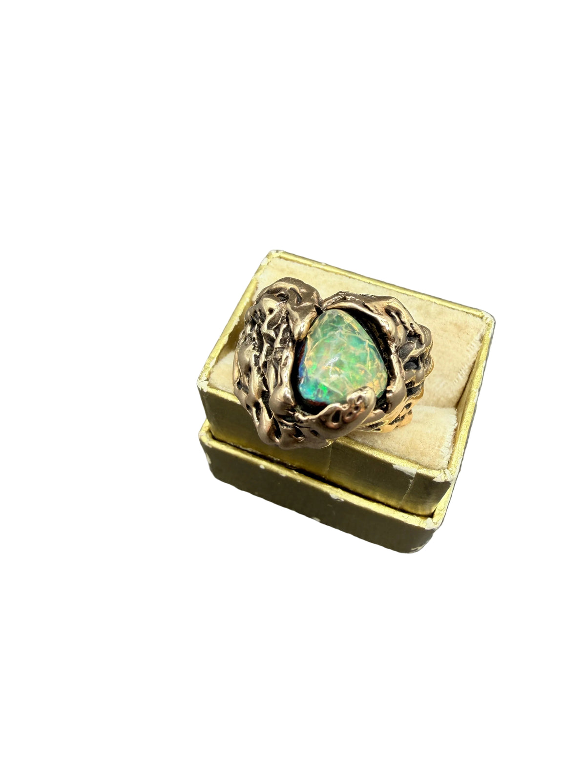 Brutalist 14K Gold Brutalist Textured Ring with Opal