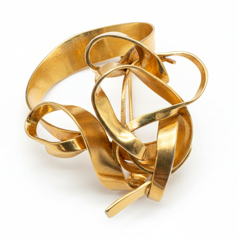 Artisan Gold-Tone Intricate Ribbon Work Sculptural Cuff Bracelet