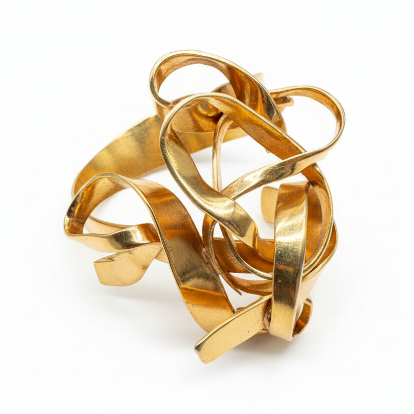 Artisan Gold-Tone Intricate Ribbon Work Sculptural Cuff Bracelet