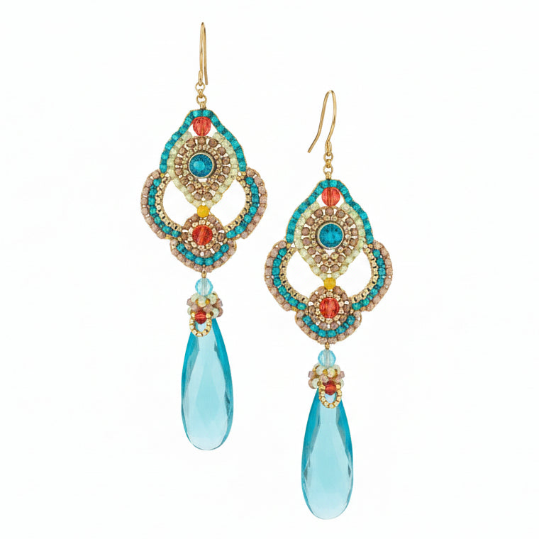 Miguel Ases Gold, Peach & Aqua Beaded Open-Work Earrings with Aqua Glass Teardrop