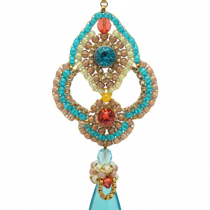 Miguel Ases Gold, Peach & Aqua Beaded Open-Work Earrings with Aqua Glass Teardrop