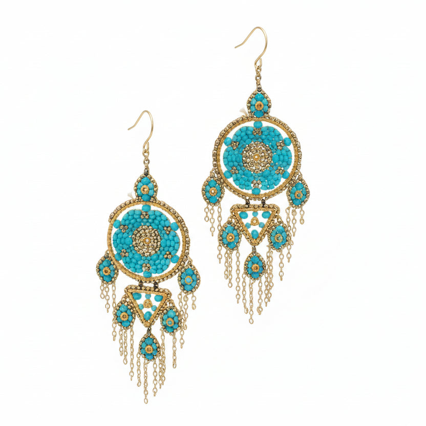 Miguel Ases Gold & Turquoise Beaded Drop Earrings with Chain Details