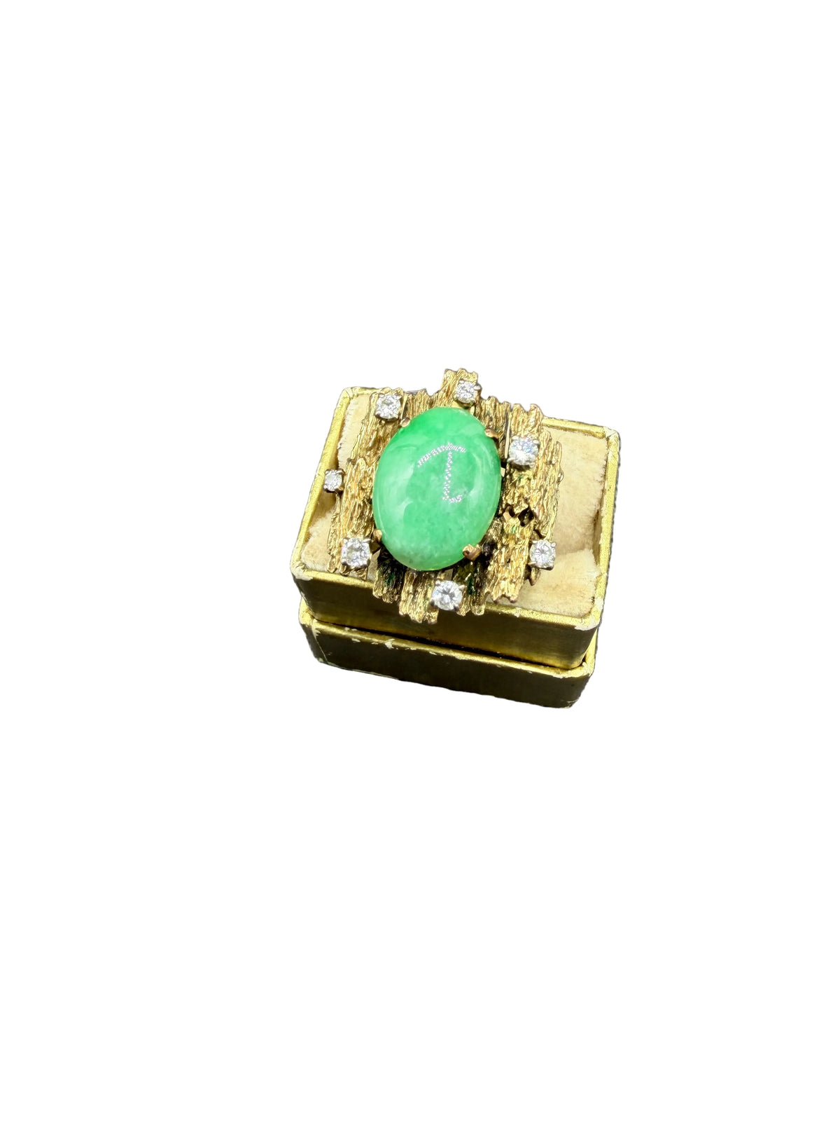 1960s 14K Gold Brutalist Bark-Textured Jade & Diamond Cocktail Ring