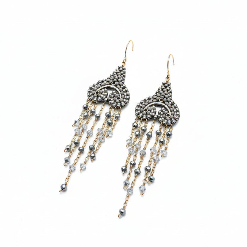 Miguel Ases Silver Beaded Teardrop Earrings with Gold Chain Fringe
