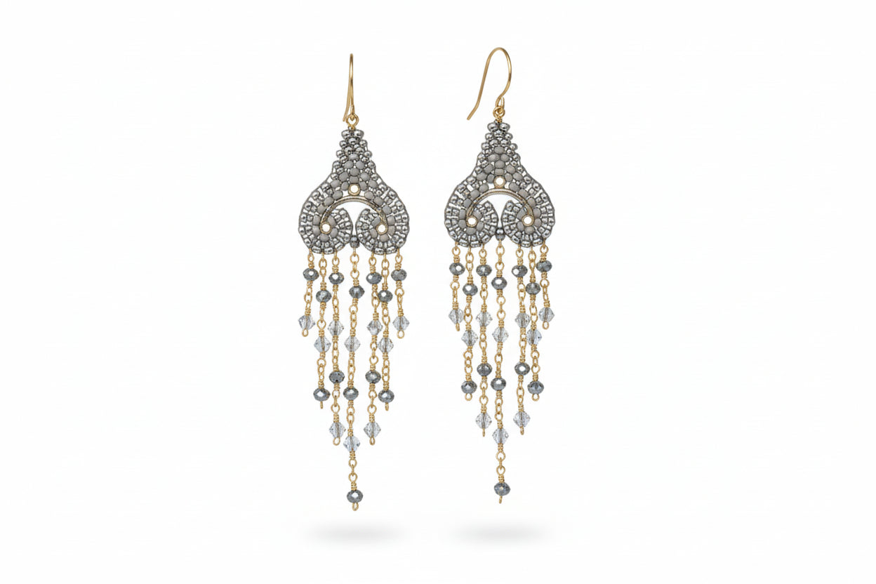 Miguel Ases Silver Beaded Teardrop Earrings with Gold Chain Fringe