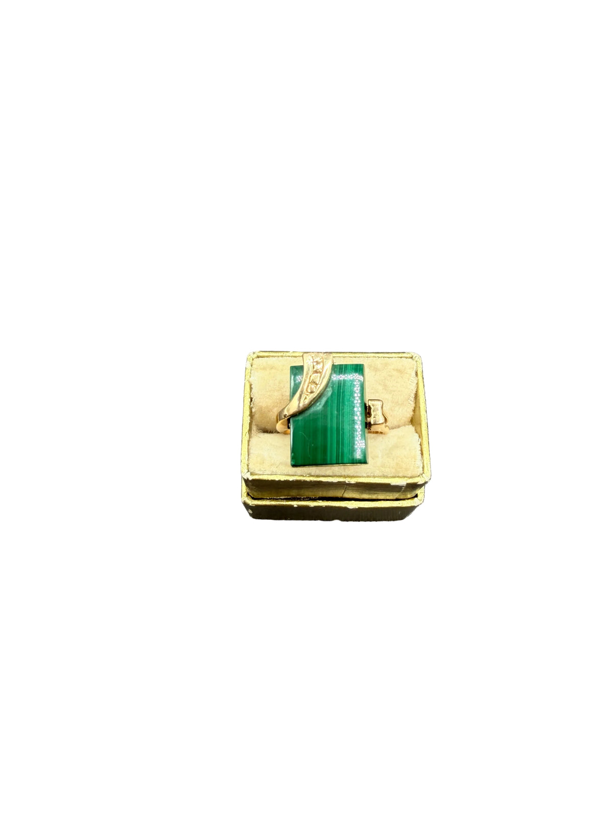Art Deco 14K Gold Malachite Ring with Sculptural Corner Details