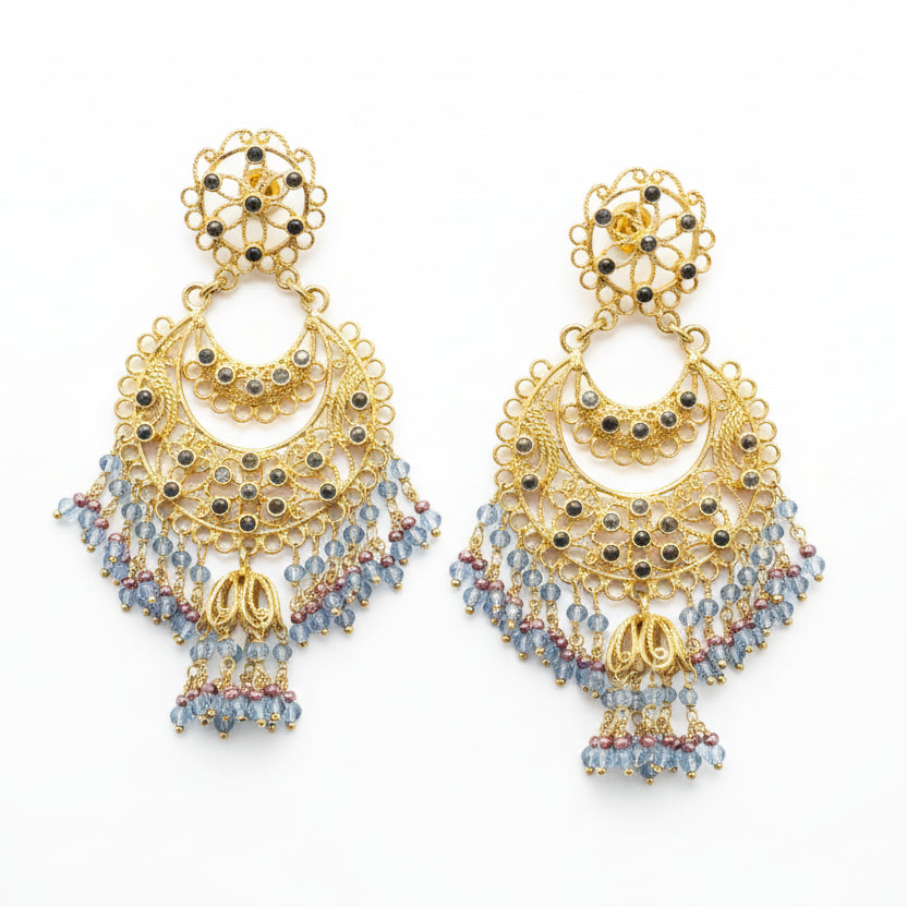 Gold-Tone Jhumka Turkish Earrings with Pale Blue Glass Beads