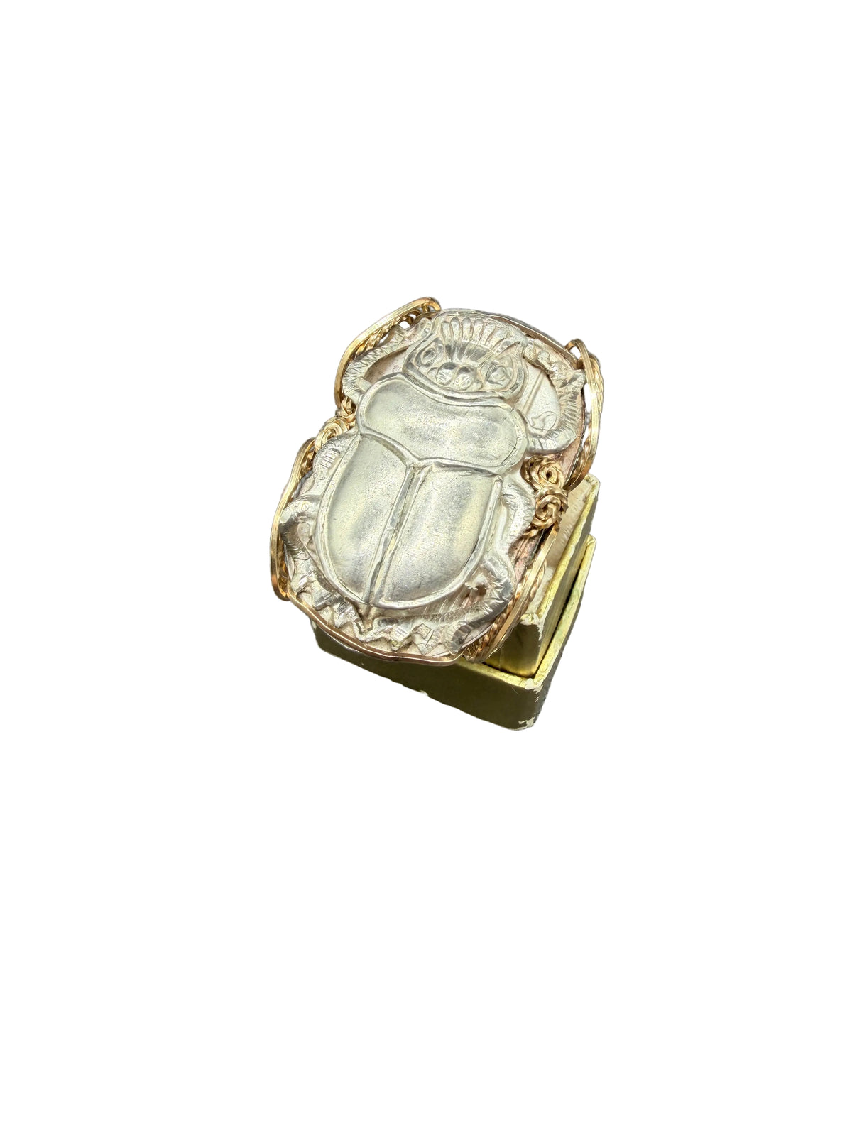 RARE 1960s 12K Gold Wire-Wrapped Ring with Sterling Silver Scarab & Hieroglyphic Panel