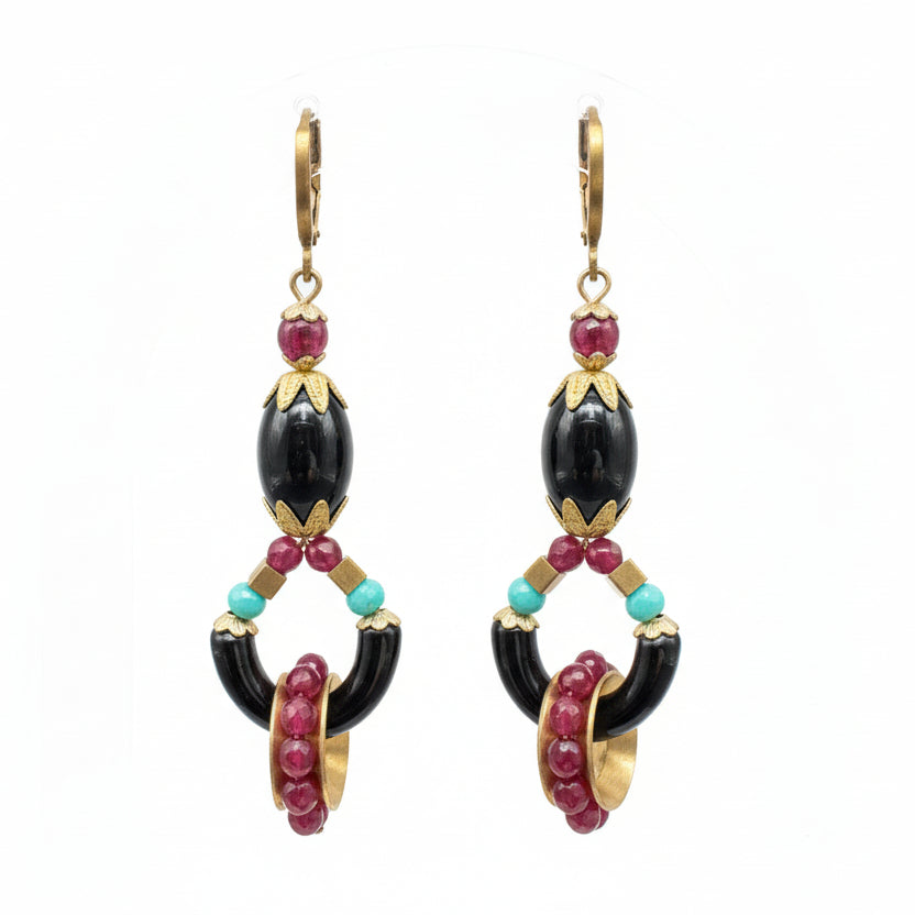 Midnight Ember Brass, Onyx & Garnet Dangle Earrings