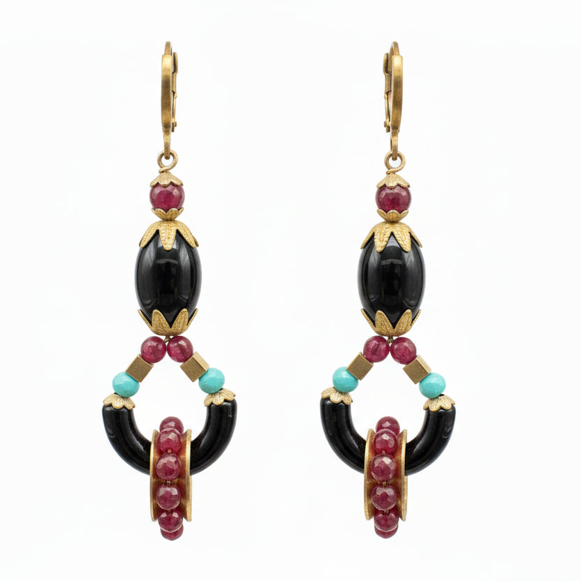 Midnight Ember Brass, Onyx & Garnet Dangle Earrings