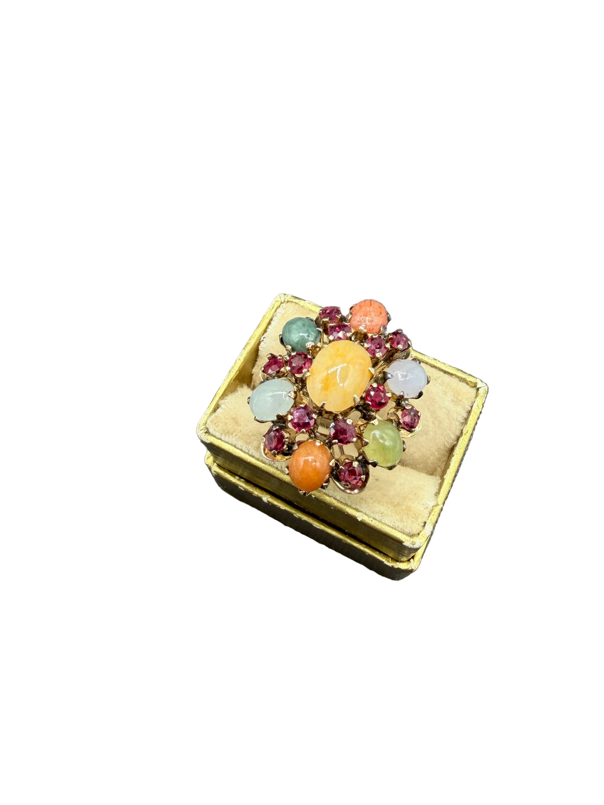 Antique 18K Gold Jade & Ruby Cluster Cocktail Ring