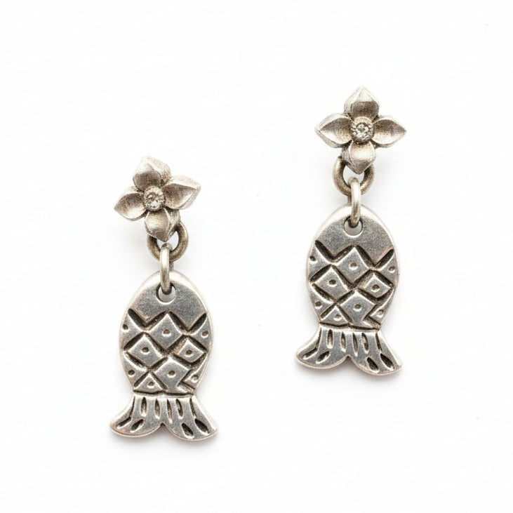 1970s Philippe Audibert Pewter Floral & Fish Earrings, Paris