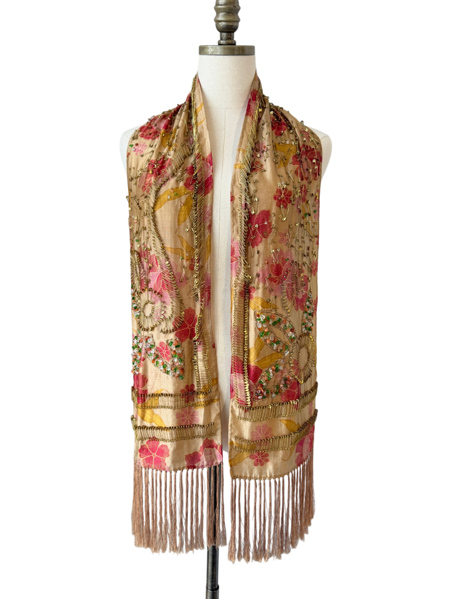 Dries Van Noten sheer silk scarf with ornate embelishment of brass safety pins and crystals