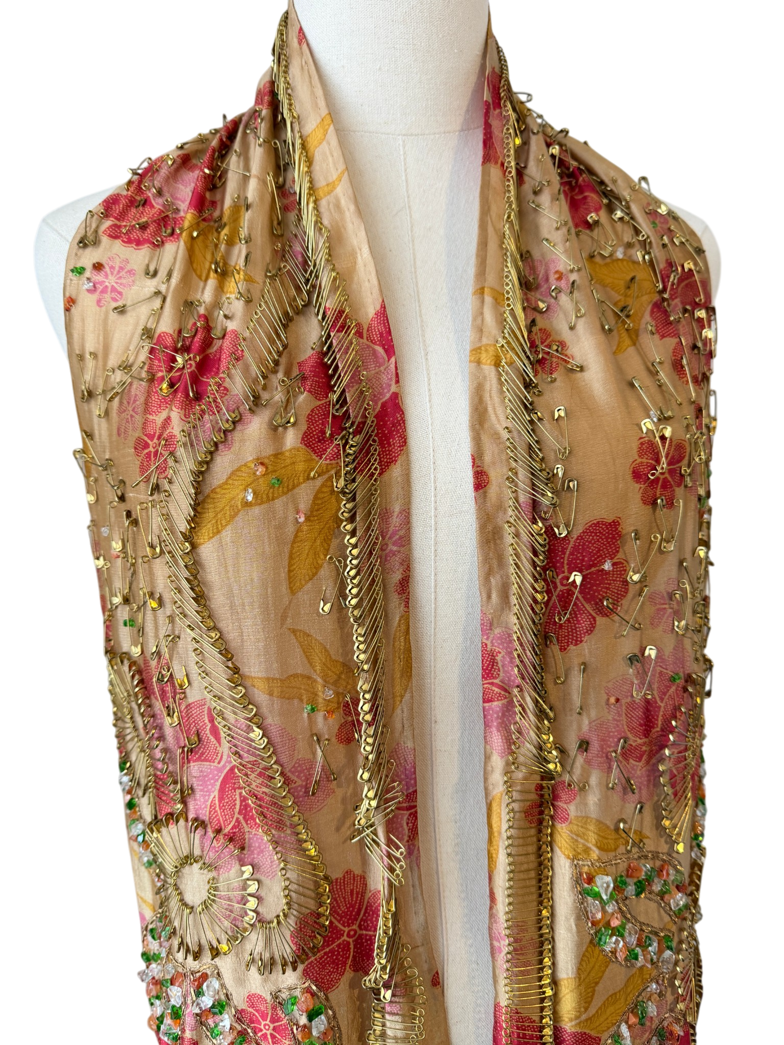 Dries Van Noten sheer silk scarf with ornate embelishment of brass safety pins and crystals