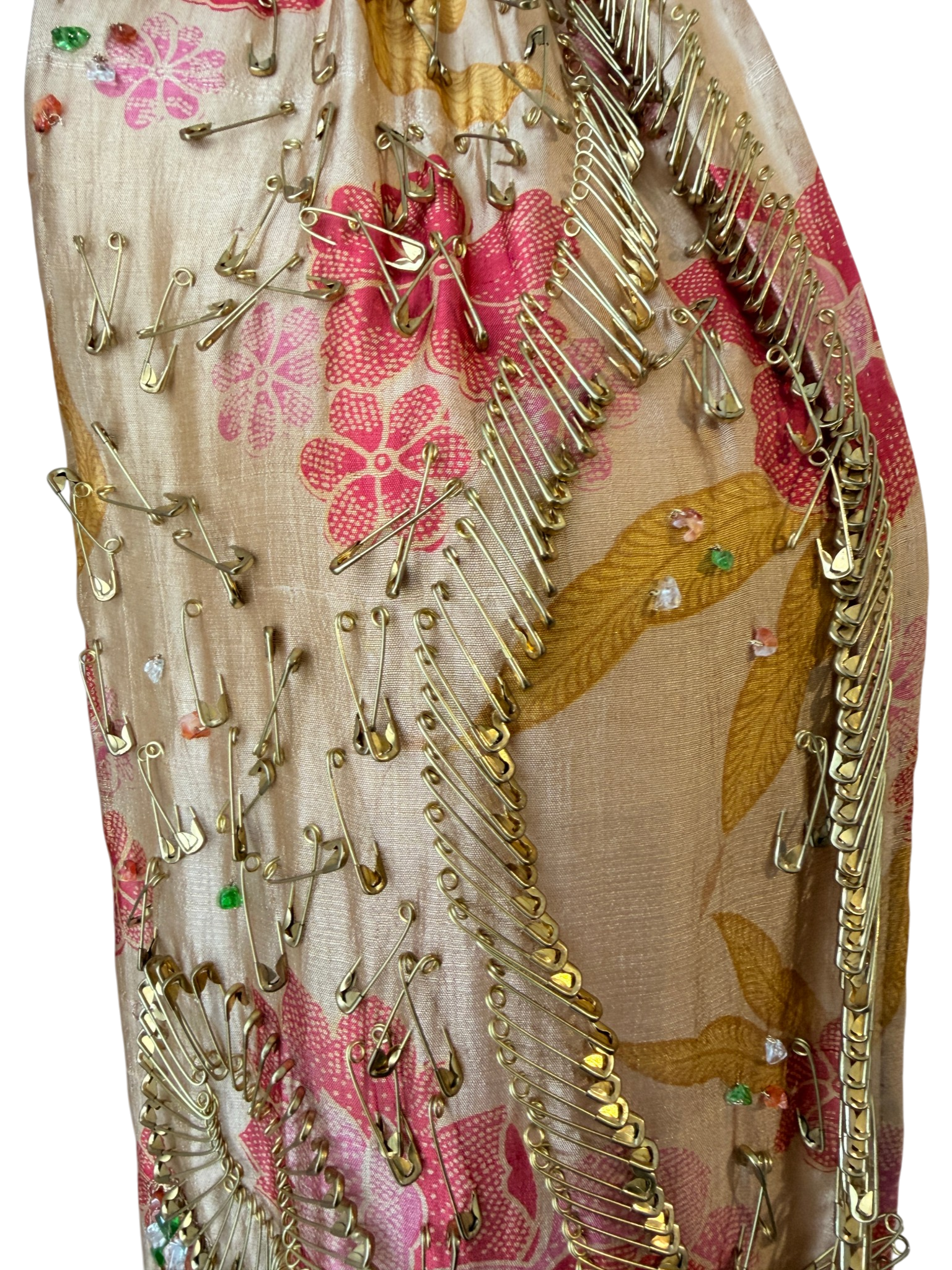Dries Van Noten sheer silk scarf with ornate embelishment of brass safety pins and crystals