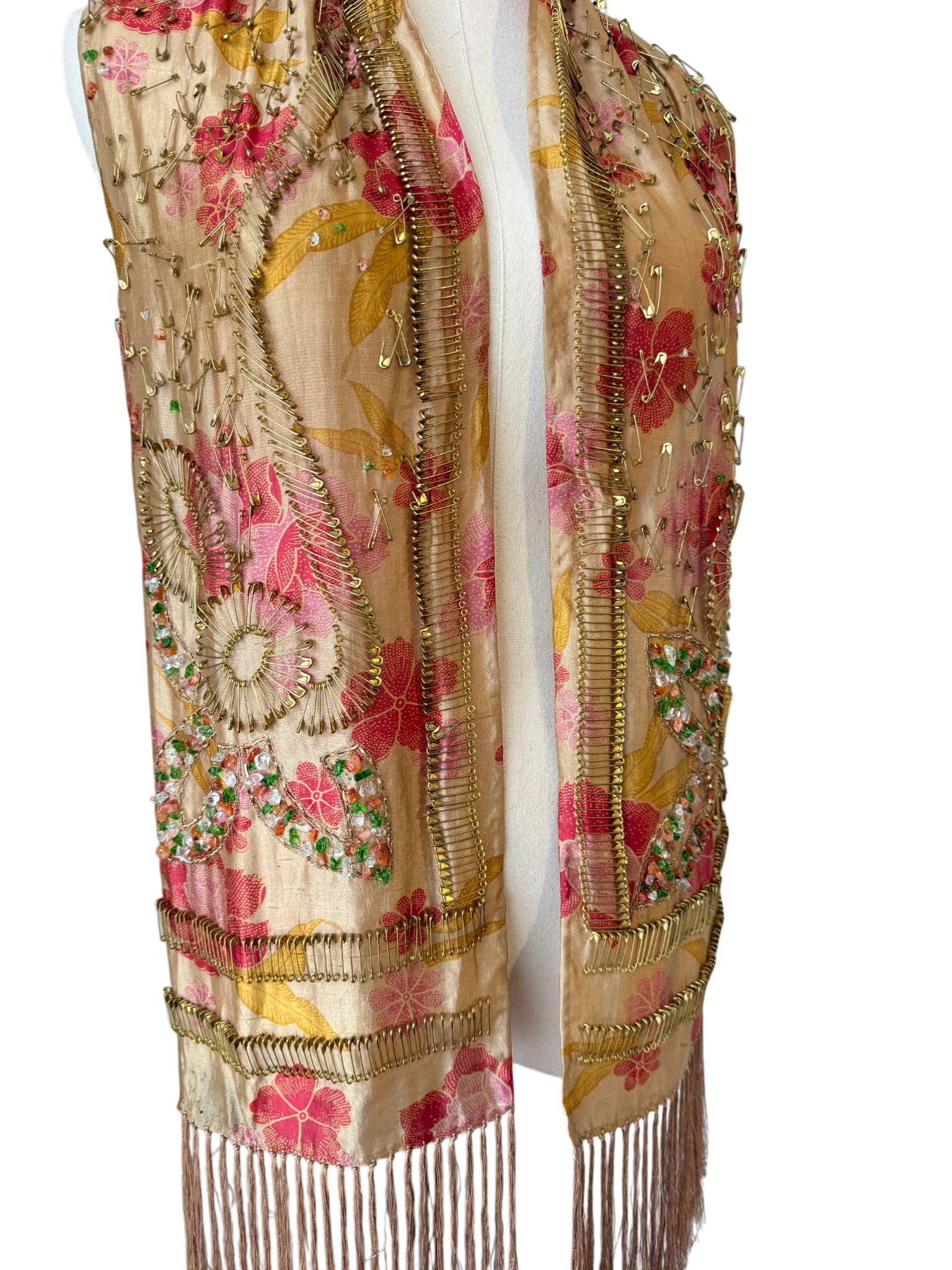 Dries Van Noten sheer silk scarf with ornate embelishment of brass safety pins and crystals