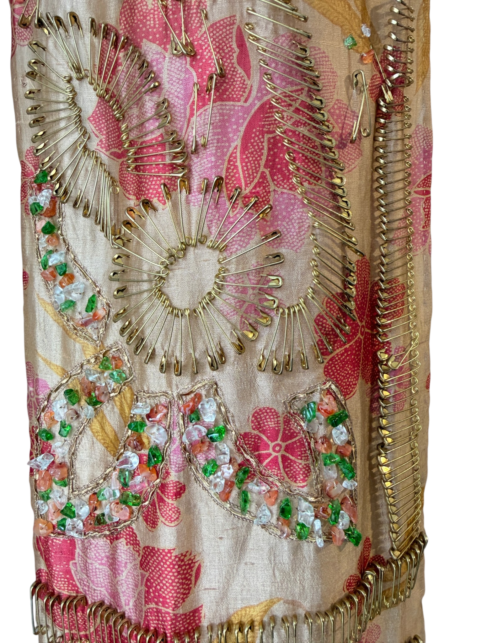Dries Van Noten sheer silk scarf with ornate embelishment of brass safety pins and crystals