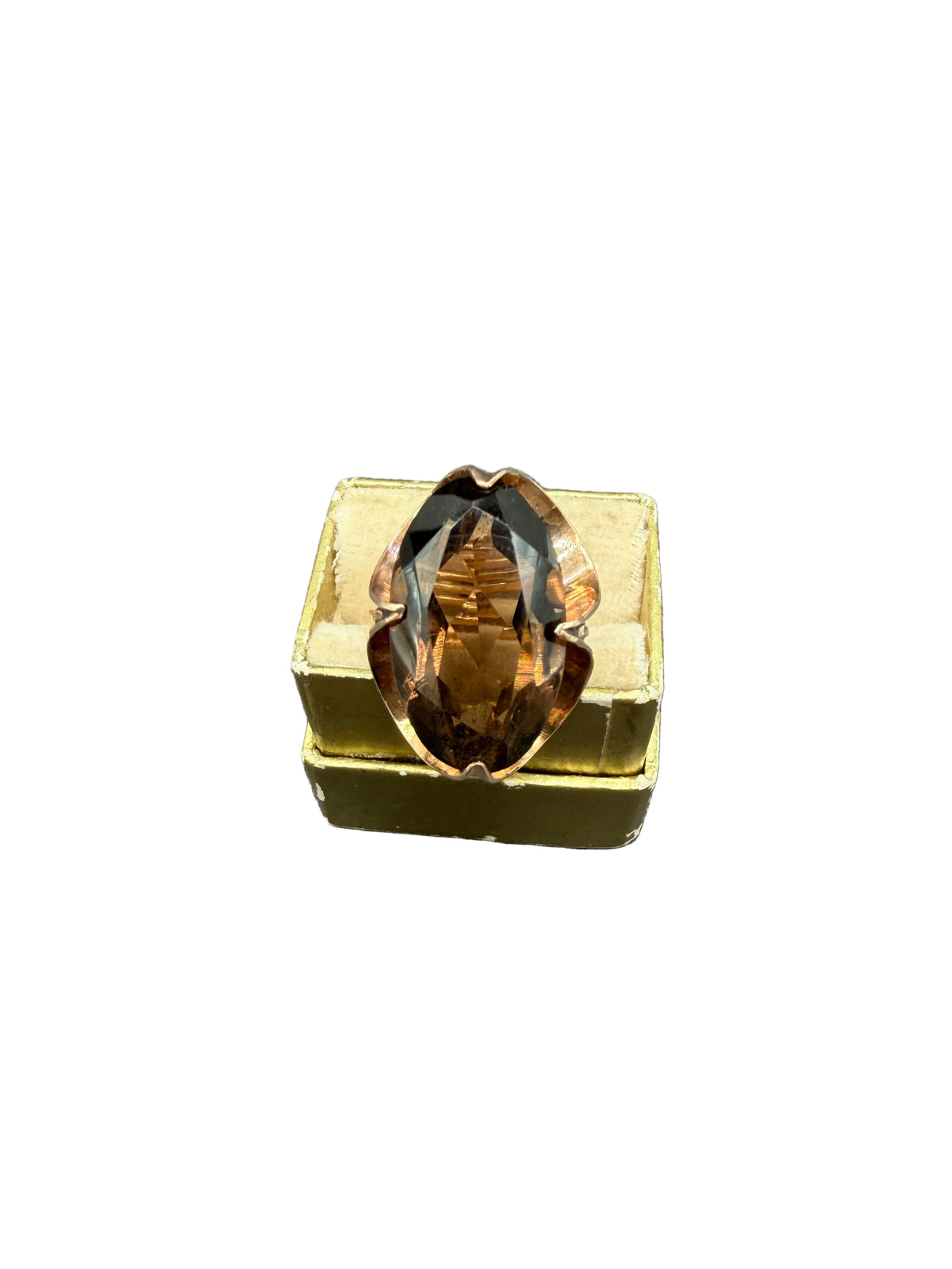 Art Deco 14K Gold Scalloped Openwork Ring with a Smokey Quartz