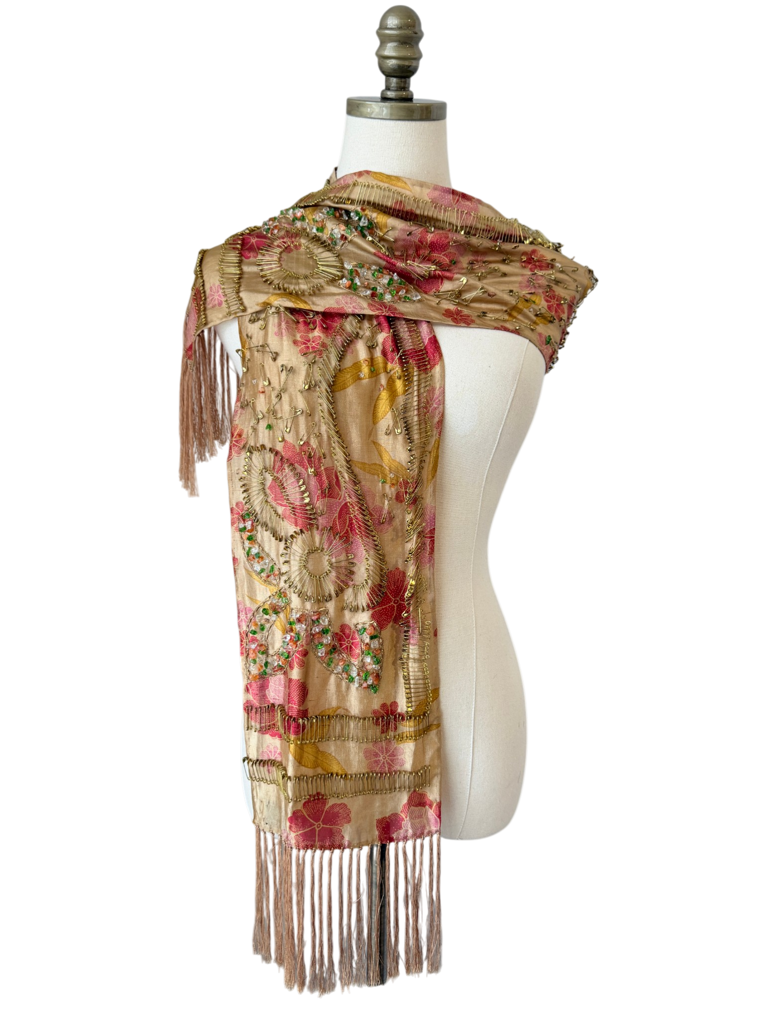 Dries Van Noten sheer silk scarf with ornate embelishment of brass safety pins and crystals