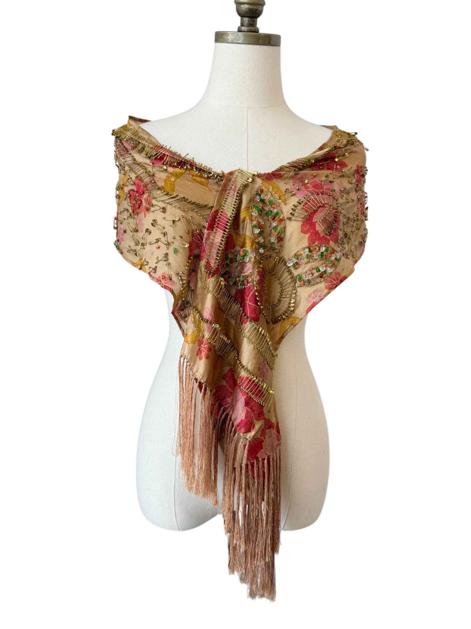 Dries Van Noten sheer silk scarf with ornate embelishment of brass safety pins and crystals