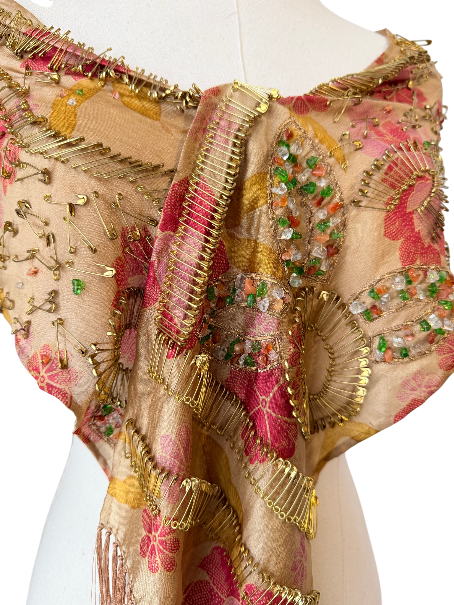 Dries Van Noten sheer silk scarf with ornate embelishment of brass safety pins and crystals
