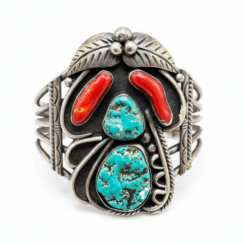 1970s Sterling Navajo Turquoise & Coral Cuff with Leaf Motif & 5-Wire Band