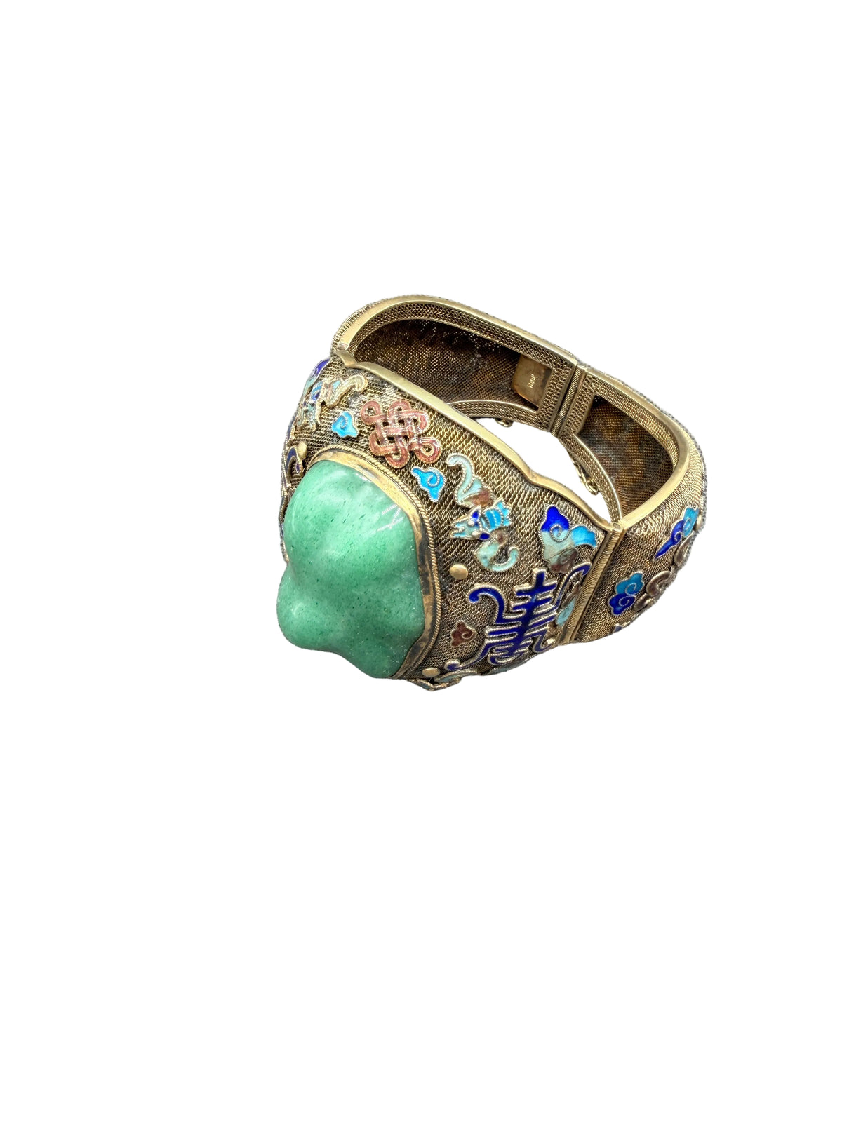 1930s Sterling Silver Fine Mesh Asian Hinged Cuff with Enamel & Jade