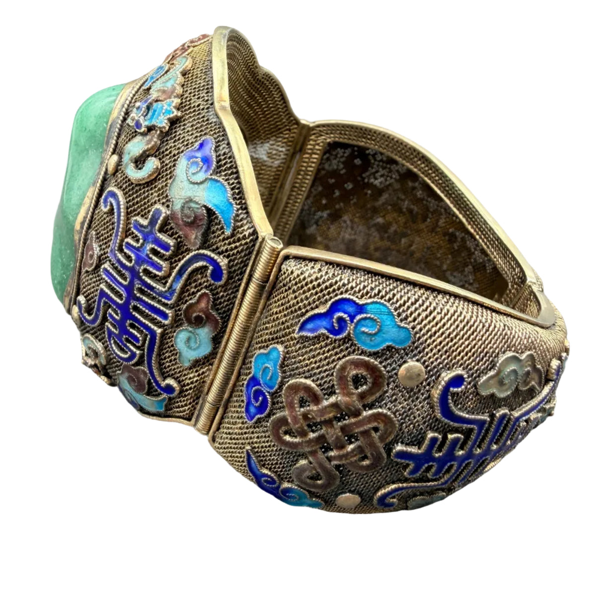 1930s Sterling Silver Fine Mesh Asian Hinged Cuff with Enamel & Jade