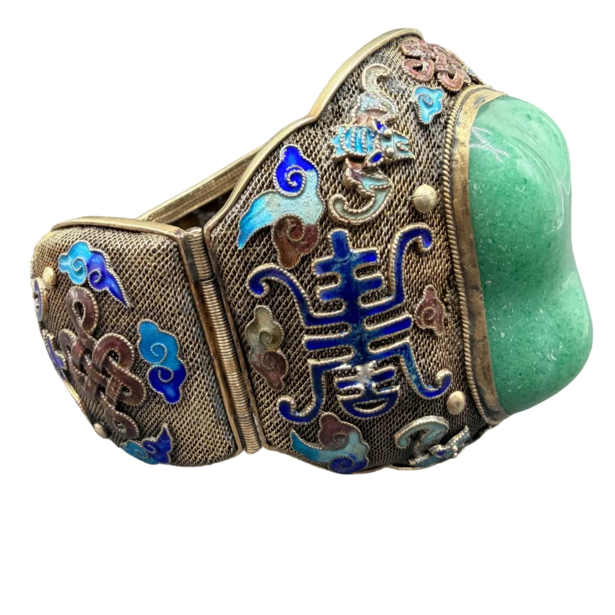 1930s Sterling Silver Fine Mesh Asian Hinged Cuff with Enamel & Jade