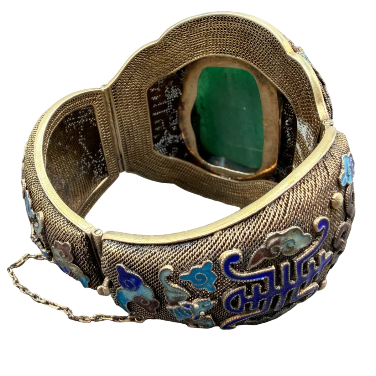 1930s Sterling Silver Fine Mesh Asian Hinged Cuff with Enamel & Jade