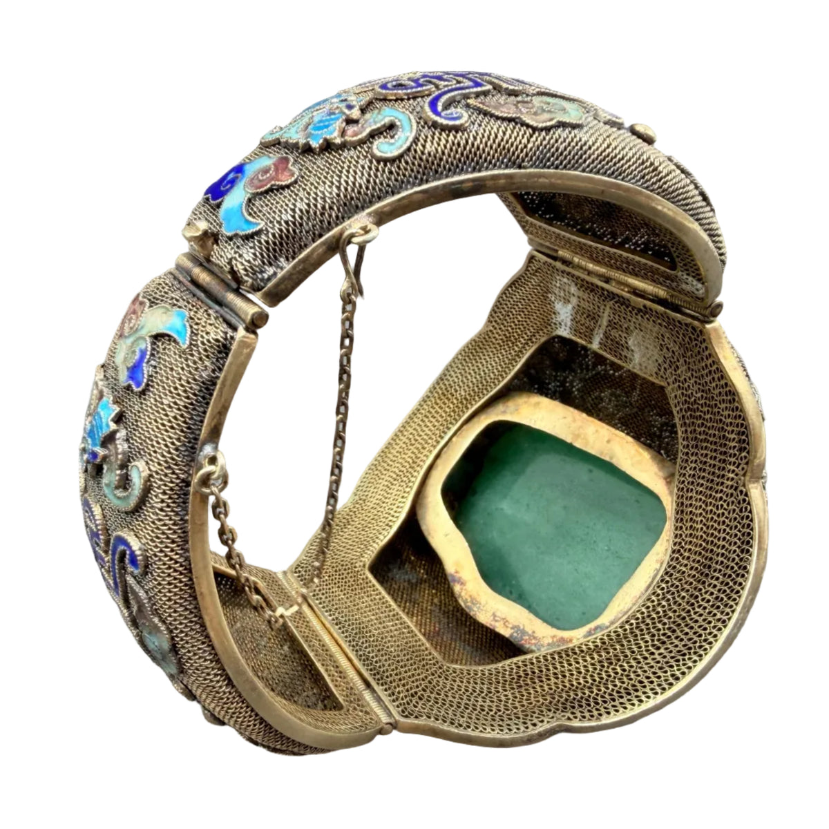 1930s Sterling Silver Fine Mesh Asian Hinged Cuff with Enamel & Jade