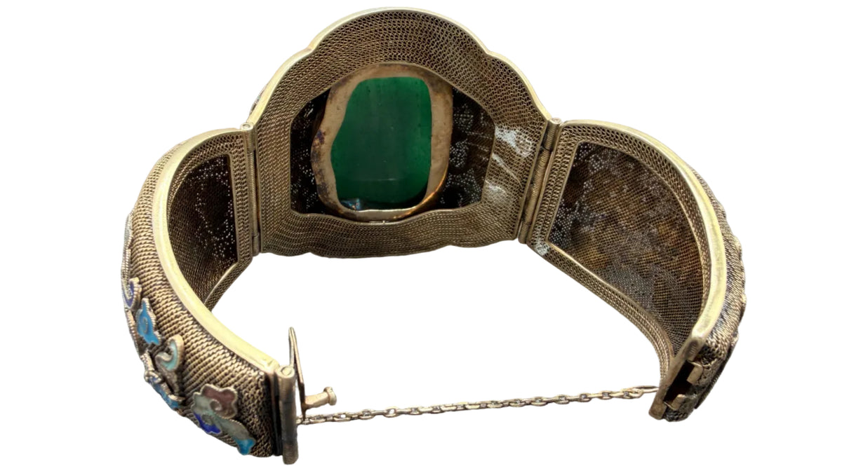 1930s Sterling Silver Fine Mesh Asian Hinged Cuff with Enamel & Jade
