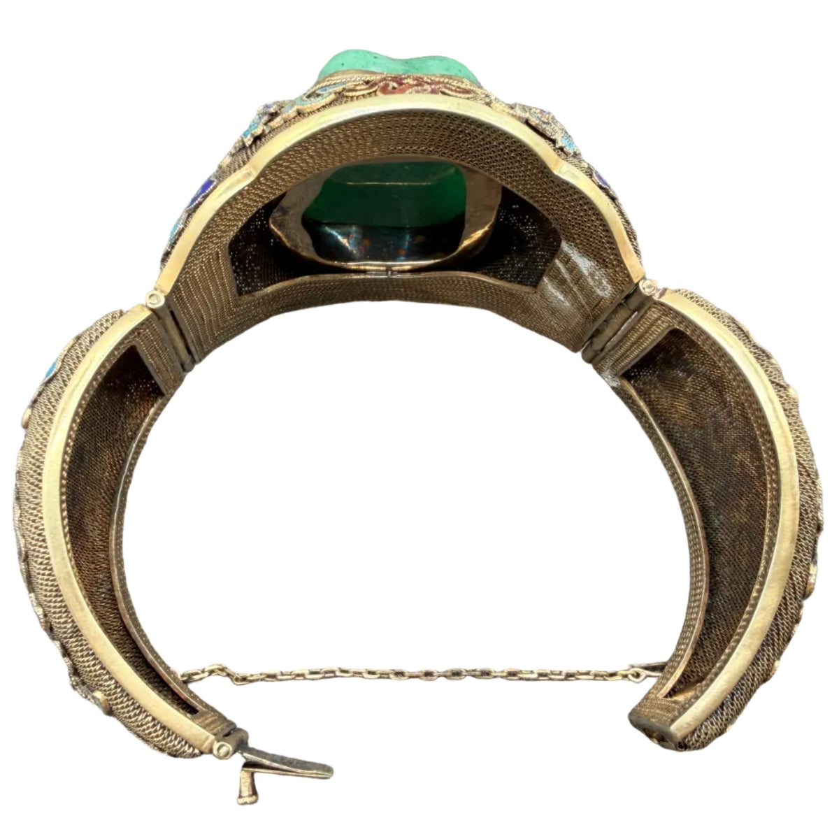 1930s Sterling Silver Fine Mesh Asian Hinged Cuff with Enamel & Jade