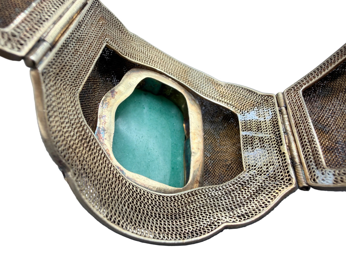 1930s Sterling Silver Fine Mesh Asian Hinged Cuff with Enamel & Jade