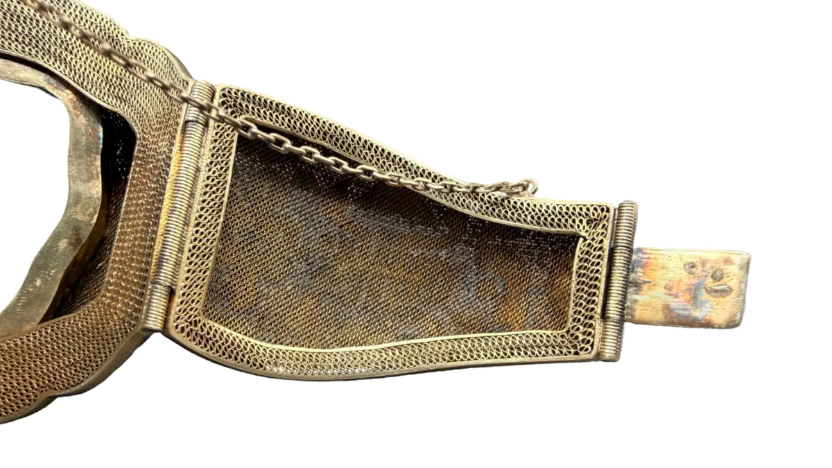 1930s Sterling Silver Fine Mesh Asian Hinged Cuff with Enamel & Jade