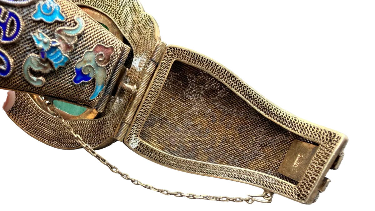 1930s Sterling Silver Fine Mesh Asian Hinged Cuff with Enamel & Jade