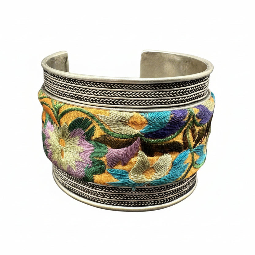 Silver-Tone Cuff Bracelet with Braided Band & Hand-Embroidered Silk Inset
