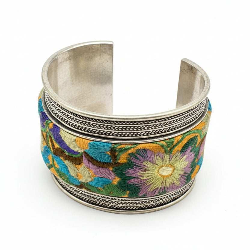 Silver-Tone Cuff Bracelet with Braided Band & Hand-Embroidered Silk Inset