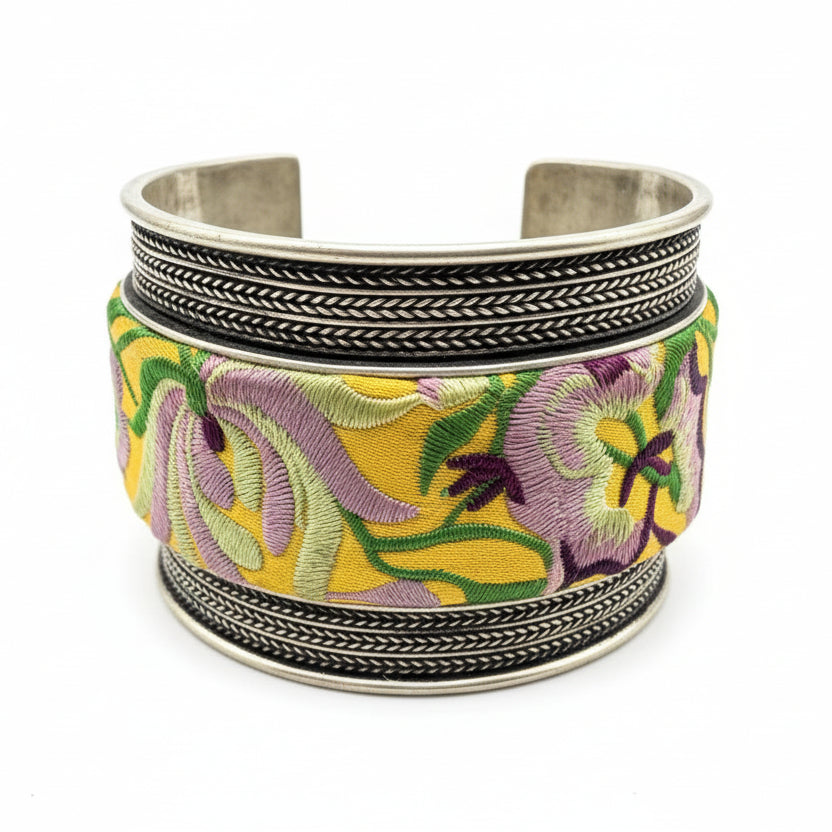 Silver-Tone Cuff Bracelet with Braided Band & Hand-Embroidered Silk Inset